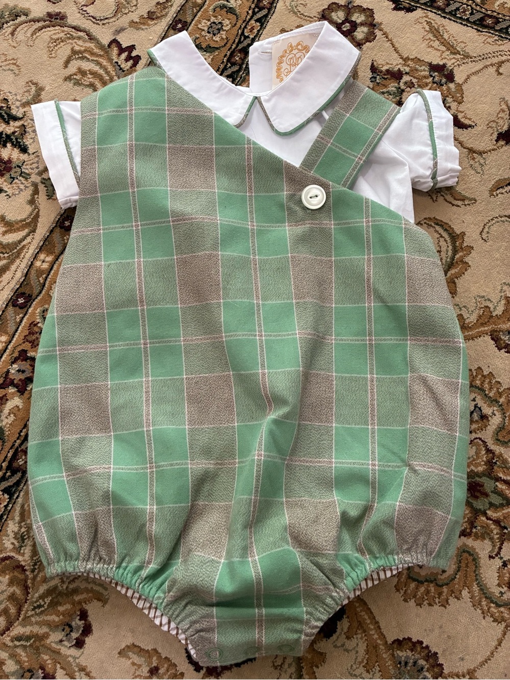 Green Plaid Baby Bubble Suit with Collared Shirt